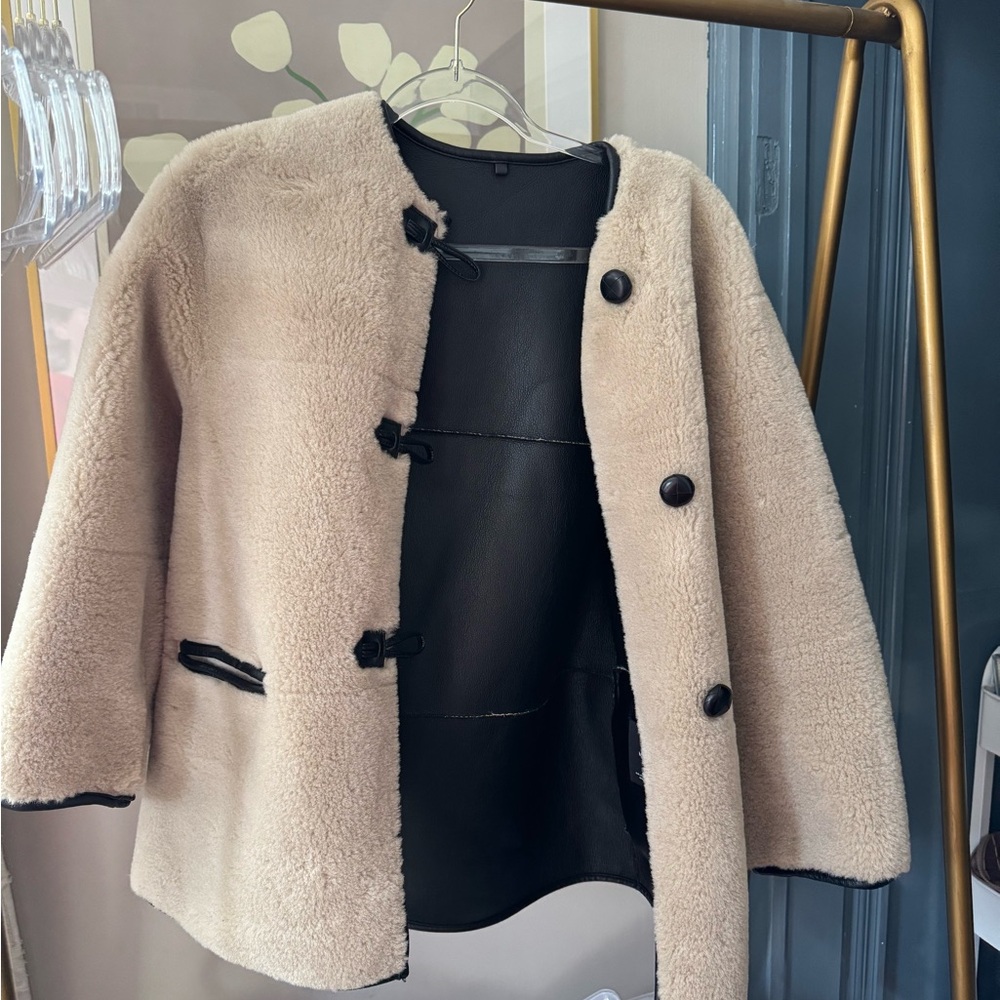 Mango Tan Teddy Jacket with Black Accents